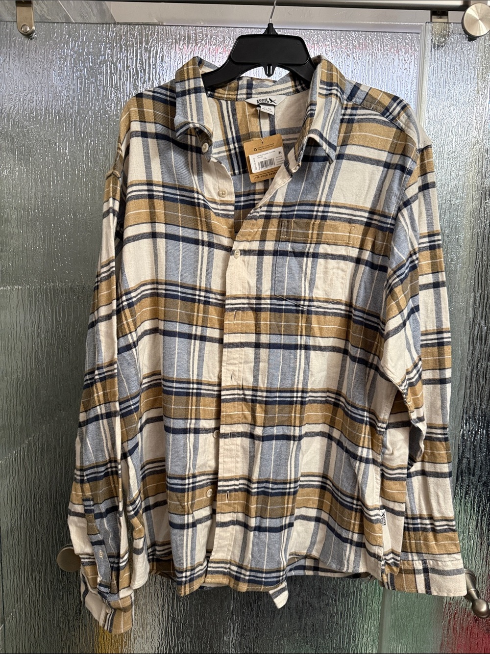 Eddie Bauer Plaid Button-Down Shirt in Camel, Blue & Cream